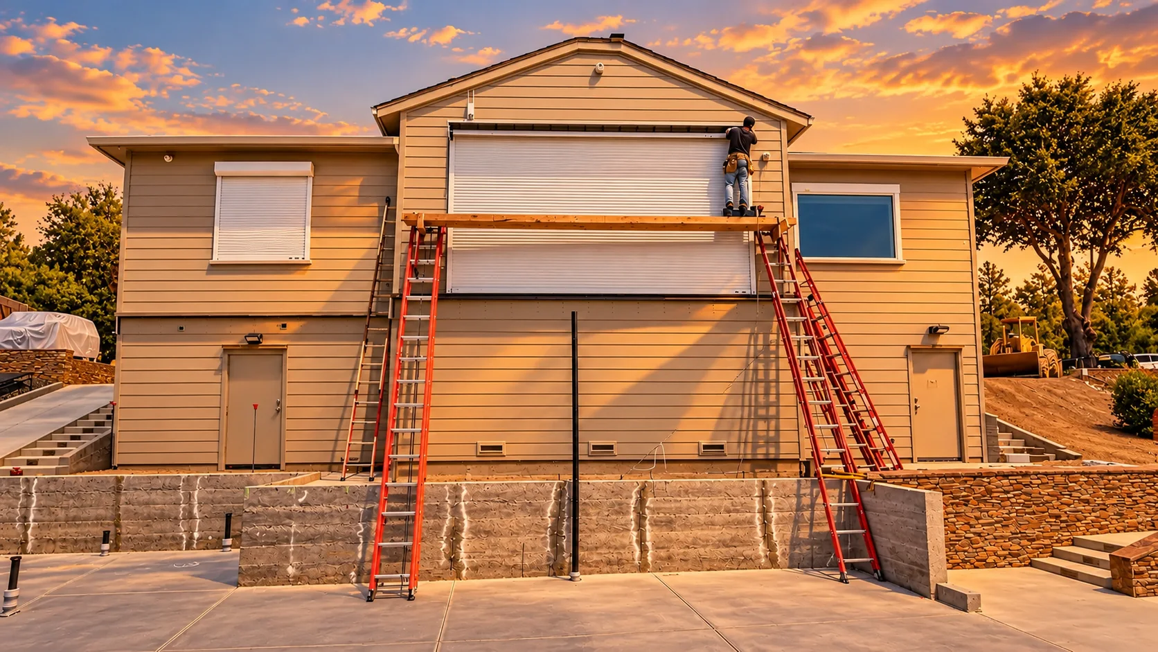 Crew installing a shutter on a two-story house under construction