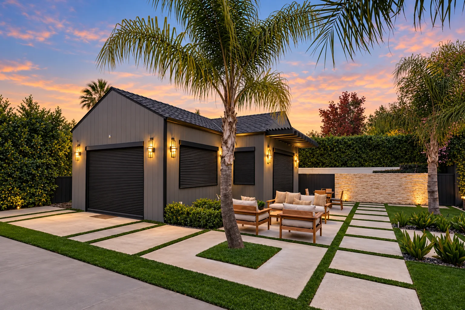 Modern home with dark aluminum rolling shutters at dusk