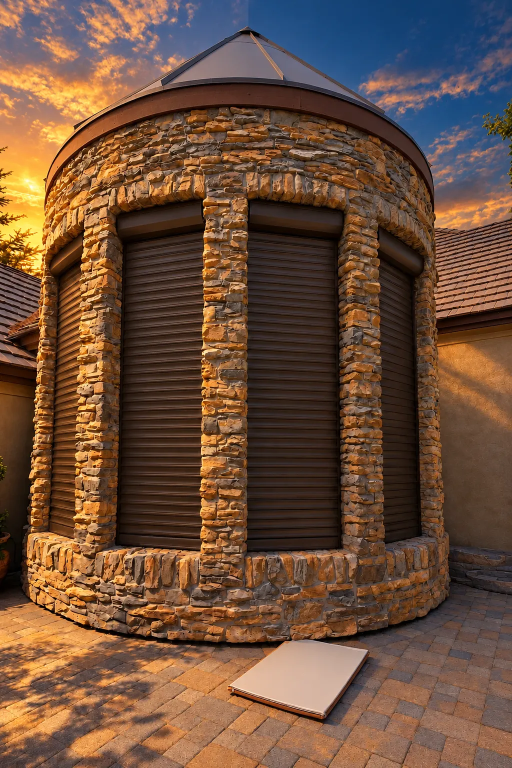 Stone tower with aluminum shutters installed on every window